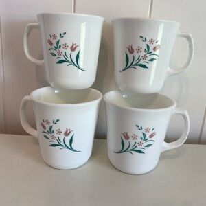 Vintage Corningware milk glass mugs Pink Floral & Green Leaf Design - Set of 4